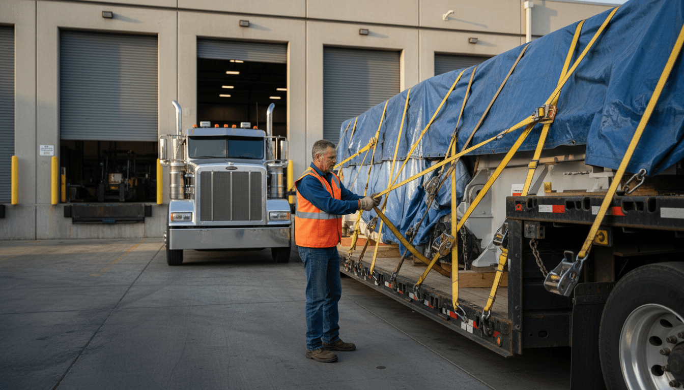 Truck driver securing cargo straps on a flatbed trailer