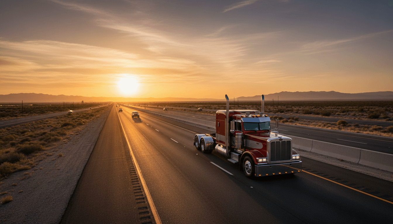 Semi truck on highway at sunset