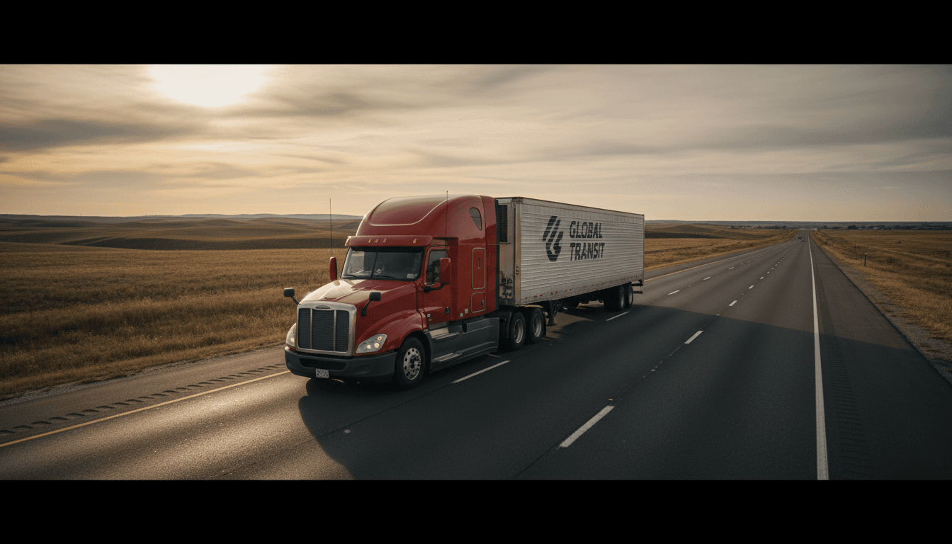 Semi-truck driving on a highway at sunset