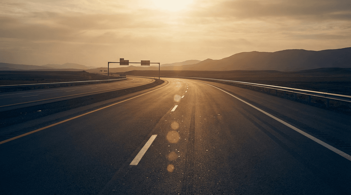 Semi truck on a highway at sunset